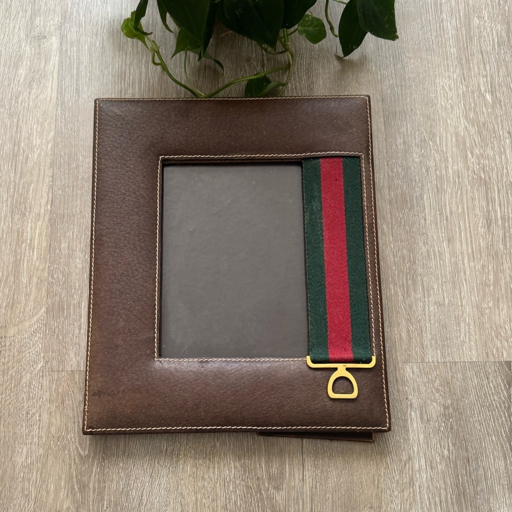 Vintage Gucci Brown Leather Red & Green Stripe Photo frame  with gilt hardware